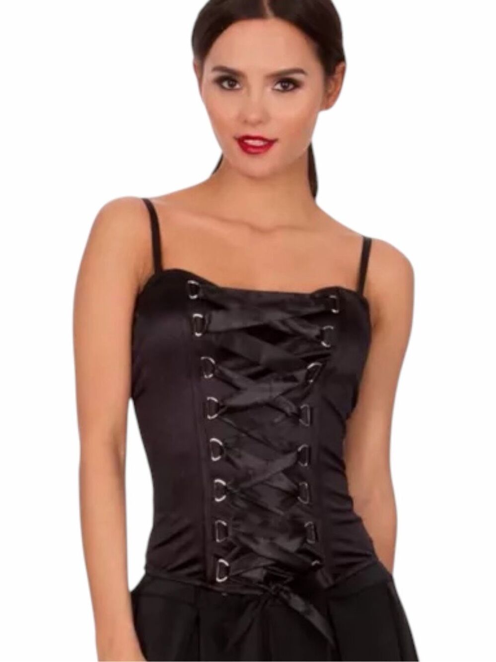 Black Satin Lace Up Corset Bustier Top Y2K Adjustable Fits Large-2X